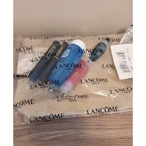 Lancome 6 Piece Makeup Bag Taupe With Mascara Lipstick Skin Toner Facial Cream